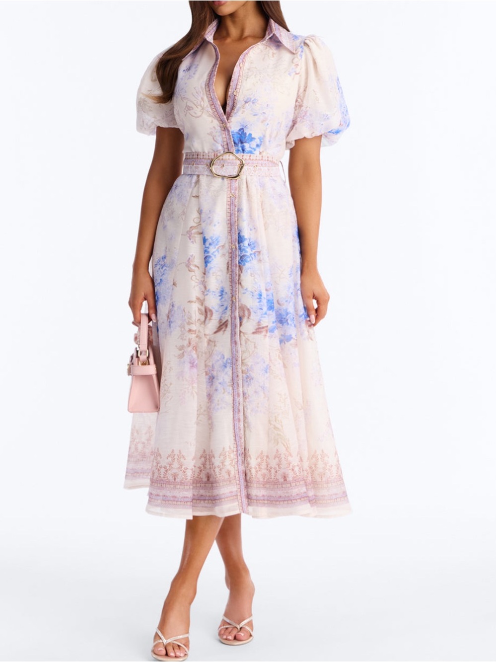 Floral Chiffon Midi Dress - Cream with Blue Floral